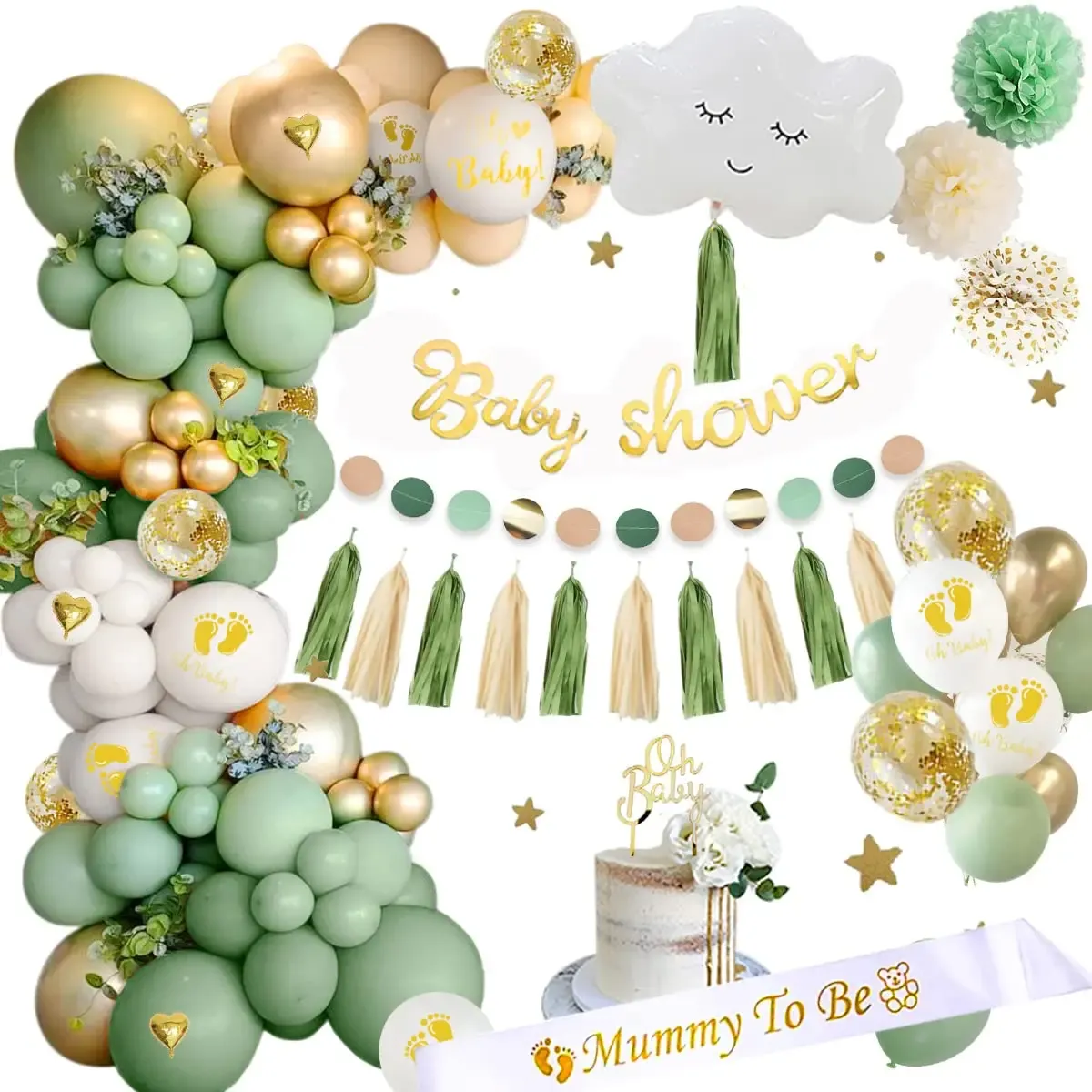 Tees Jungle Green Balloon Garland Boy Girl Baby Shower Decoration Newborn Baby Party Decorations with Paper Pompoms Mummy to Be Sash