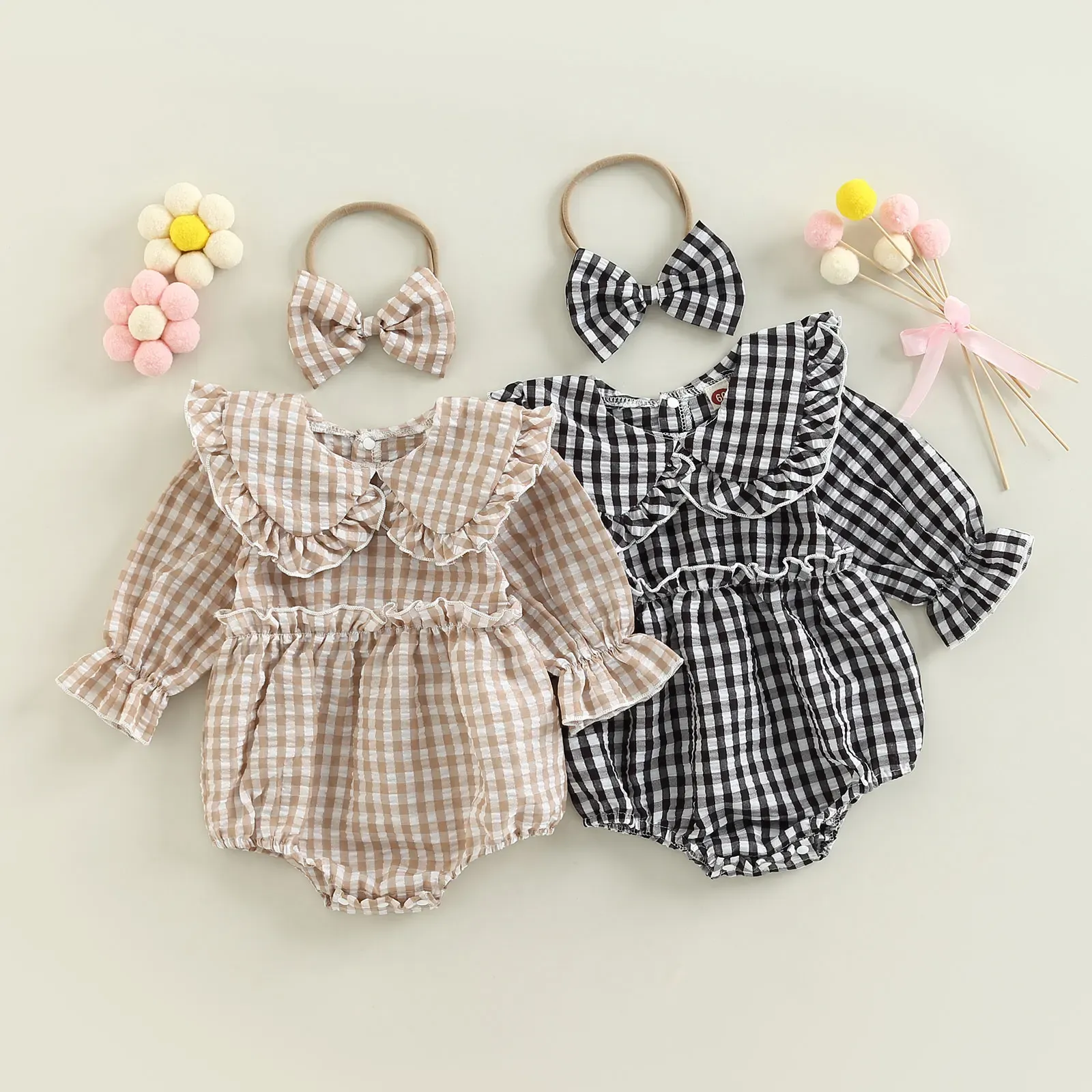 One-pièces 2pcs Baby Baby Girl Spring Automne Tenue, Col à carreaux Collier à manches longues Ruffle Ruffer + Hairband Set pour les nourrissons, 018 mois