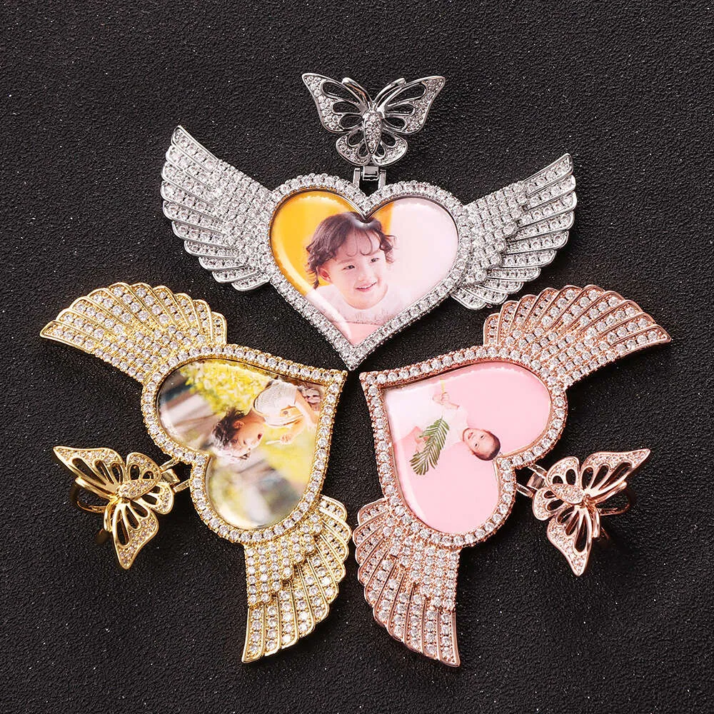 Angel Wings Photo Butterfly Head Frame Pendant Full of Zircon Hip Hop Necklace Jewelry