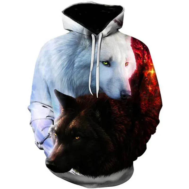 Polos Yeni Moda Erkekler Hoodie 3d Kurt Deseni Gevşek Sonbahar Sweatshirt Erkek Sokak Kapşonlu Komik Hoodie Marka