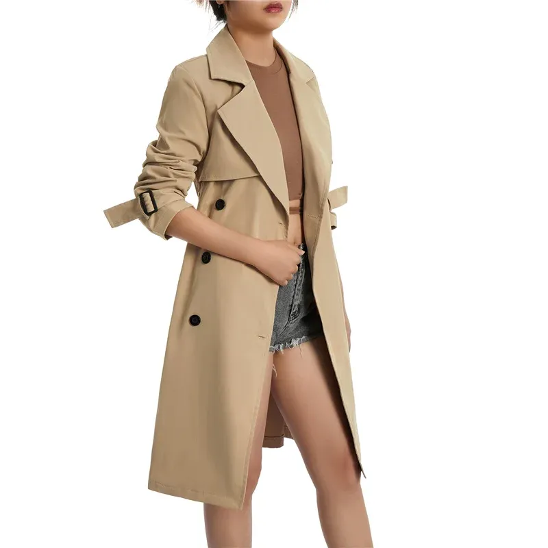 Chemises Mesdames Mabots de vent décontracté, Spring Autumn Girls Couleur solide Couleur à manches longues DoubleBreasted Trench Outwear avec ceinture, kaki / vert