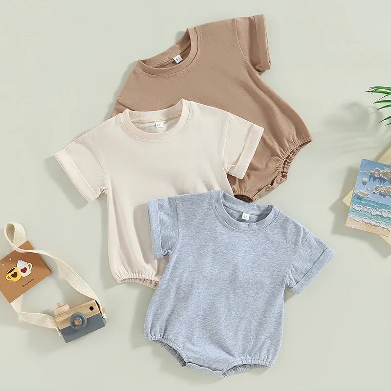 Endelar unisex nyfödd baby pojke flicka fast färg bubbla romper bomull besättningen kort ärm pullover överdimensionerad bodysuit topp