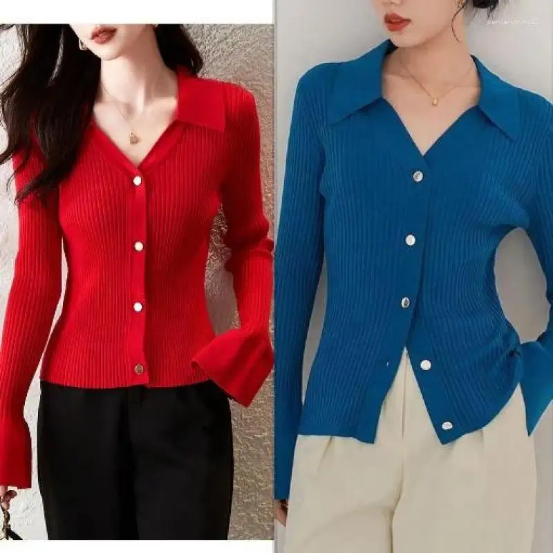 Women's Knits Red Polo Neck Knitted Cardigan Women Slim Long Sleeve Temperament Bottoming Shirt