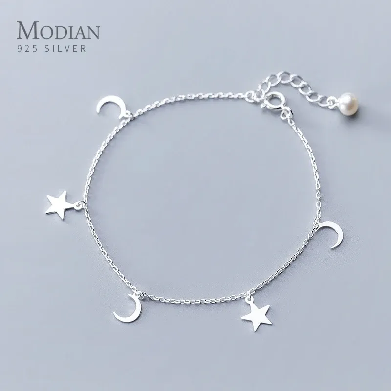 Strands Modian Ny 925 Sterling Silver Lovely Mini Star Moon Armband eller Anklet Fit Women Minimalism Style Fine Jewelry Friendship Gift