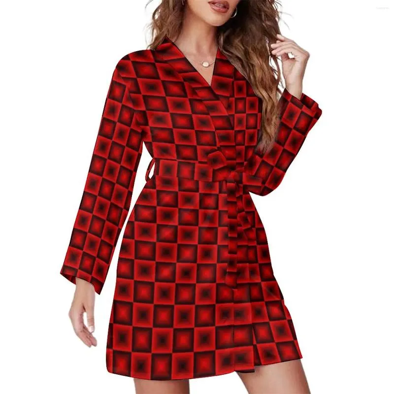 Home Clothing Red Black Plaid Pajama Robe V Neck Checkerboard Sexy Dresses Female Long-Sleeve Room Sleepwear Custom Pajamas Robes