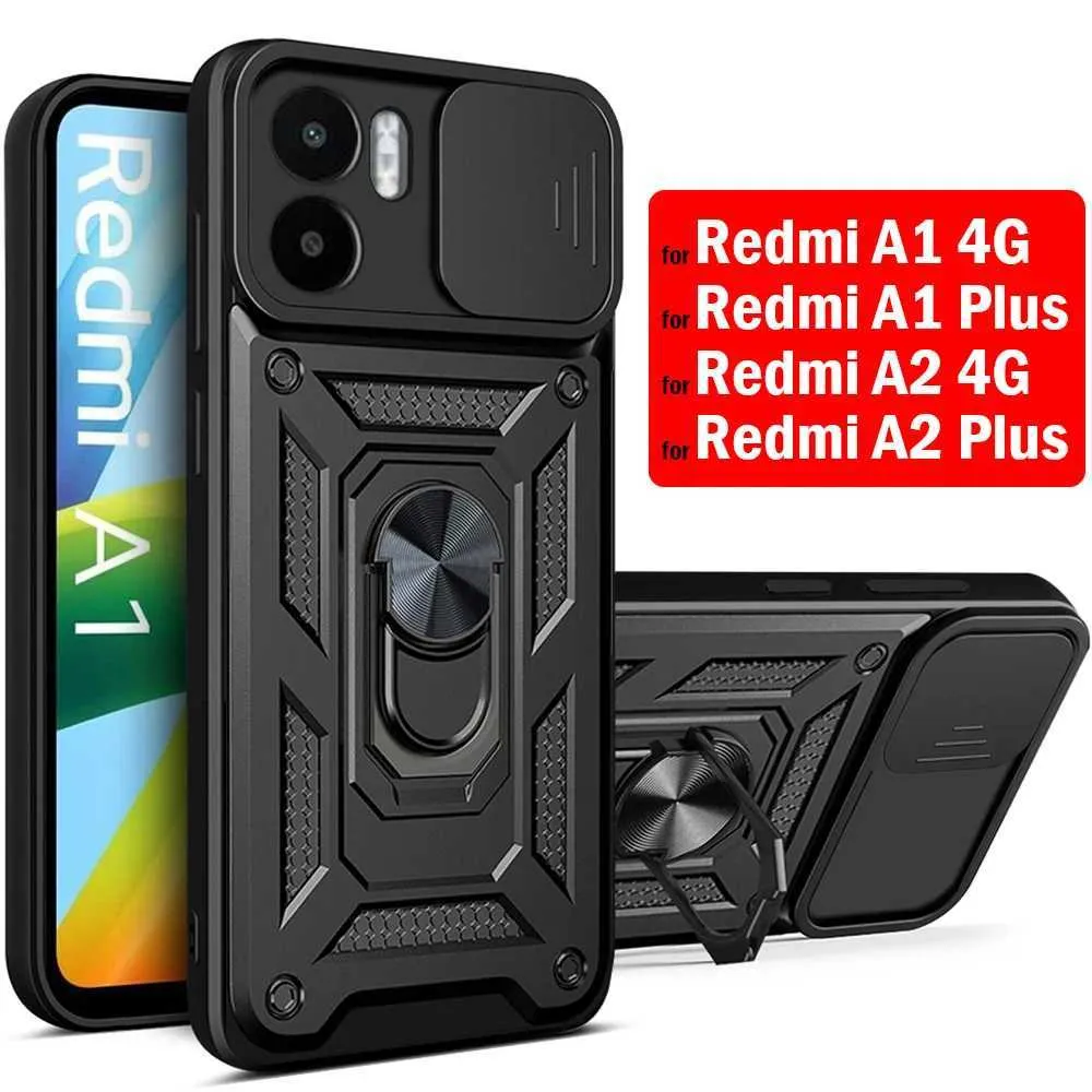携帯電話ケースMi Redmi A1 4G A2のRedmi A1 A2 A2 Plusケーススライドカメラレンズ保護リングスタンド電話のFundas 240423