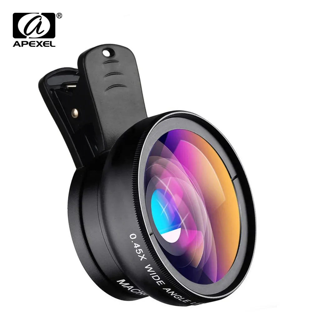 Lens APEXEL 5pcs/lot 2 in 1 Camera Lens Kit 0.45X Super Wide Angle 12.5X Macro Lens Cellphone Lens for iPhone Samsung Xiaomi phones