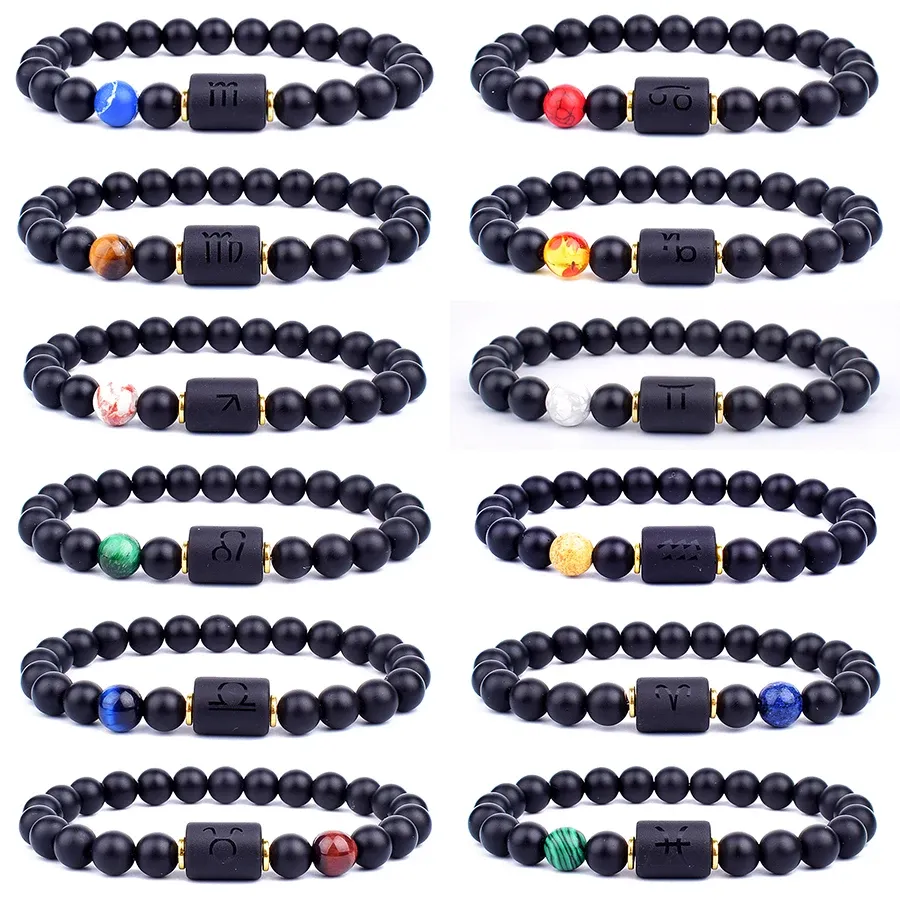 Strängar 12 Constellation stjärntecken pärlor par armband naturligt svart onyx sten elastisk charm armband för kvinnor män födelsedagspresent