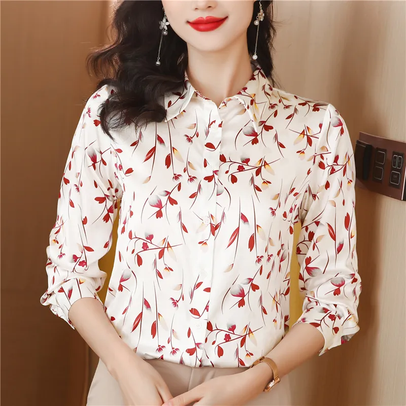 Camisa de seda floral de luxo feminino de manga longa designer lapel de lapela pescoço branco blusas elegante de gabinete de escritório