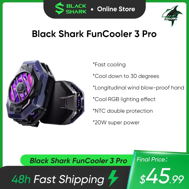 Refroidisseurs Black Shark Funcooler 3 Pro avec RVB Light Global Version Fast Cooling Fan pour le jeu Iphone / Shark noir 5 / ROG / XIAOMI / POCO