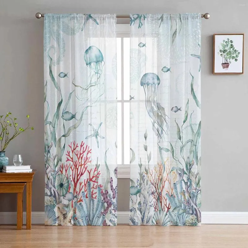 Gordijn Coral Sea Shell Starfish Jellyfish Triangle Tule Sheer Curtains for Living Kitchen Children Slaapkamer Voile Hanging