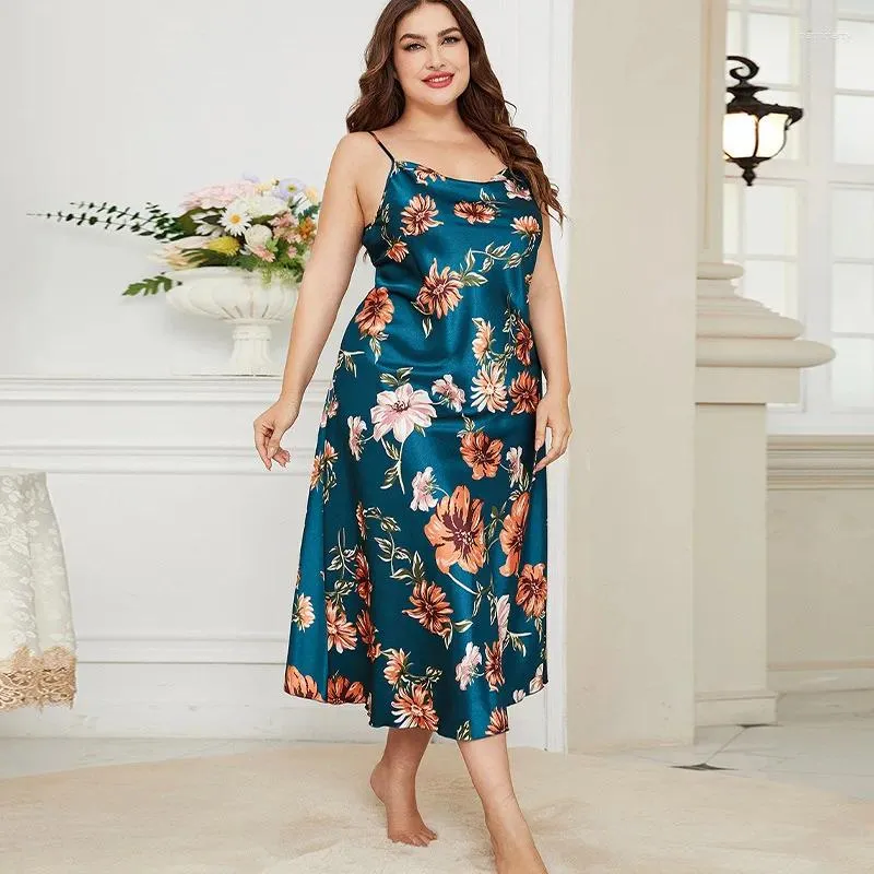 Damska odzież sutna seksowna drukowana pasek spaghetti długi satynowy Chemise Nightdress Summer Lose Casual Nightgown sukienka plus size