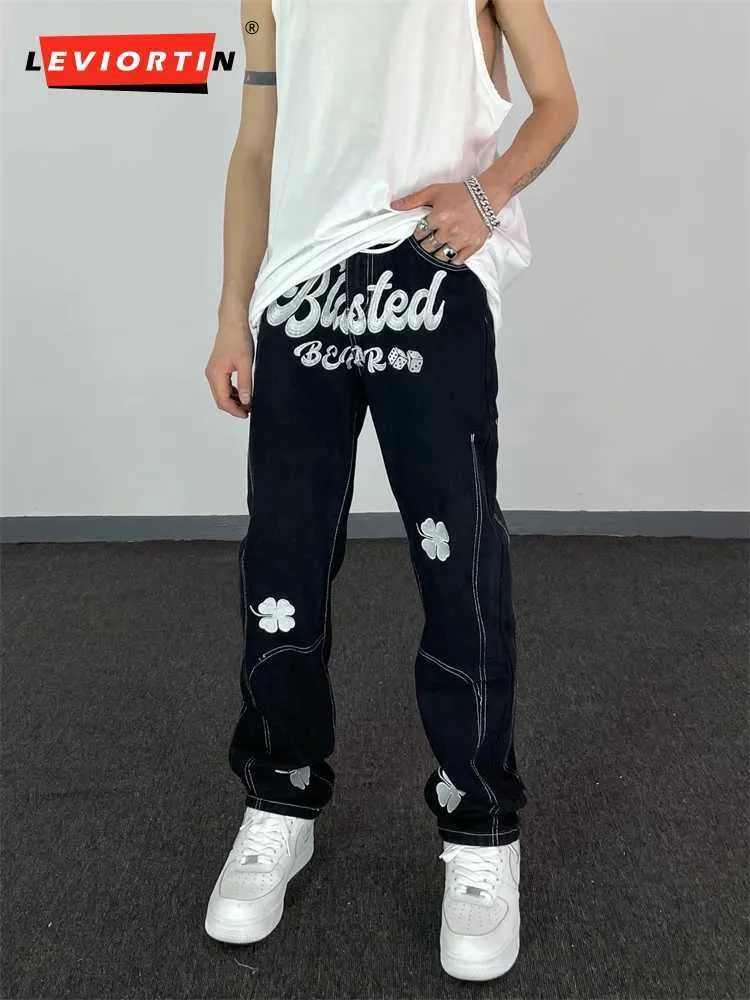 Jeans masculinos Carta de rua High Street Bordado calças de rua frito Hip Hop Retro Loose Mens Denim Troushers Straight Streetwear Casual calças 240423