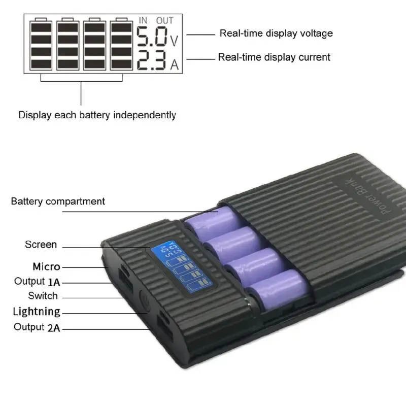 アクセサリーAntireverse DIY Power Bank Box 4x18650バッテリーLCDディスプレイ充電器iPhone用