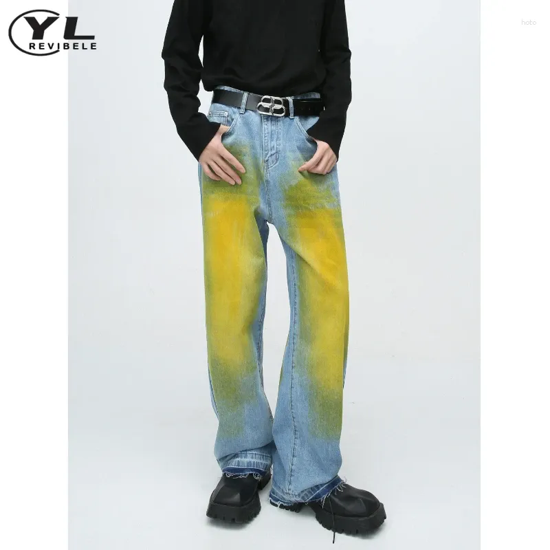 Herenjeans retro gele graffiti man Korea mode casual rechte cowboylit