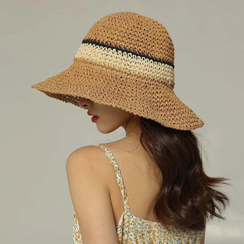 شاطئ قبعة نسائية الصيف بنما القش أو خوص غطاء القبعات شمس شريط حافة 240415