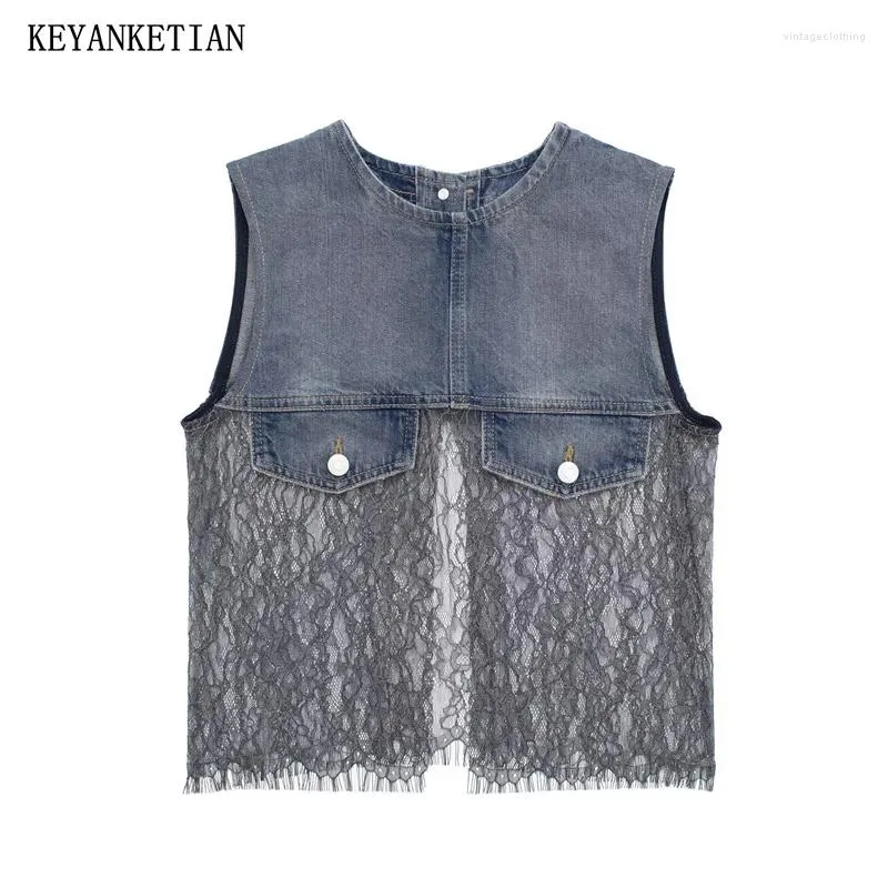 Tanks féminins Keyankettian 2024 lance de lancement Patchwork Cropped Denim Vest Top Chic vintage O-Neck Sans manches Pullover Sexy Camisole