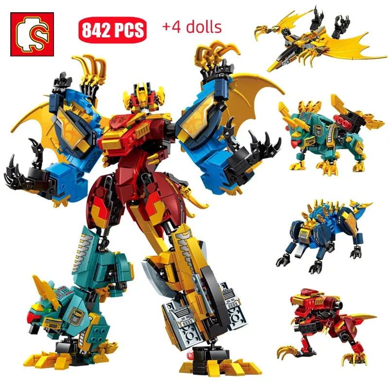 Blocks Sembo 4in1 Transforming Robot Mecha Building Blocks Kits Dinosaur World Mech Model Assembly Bricks Kids Toys Boys Birthday Presents