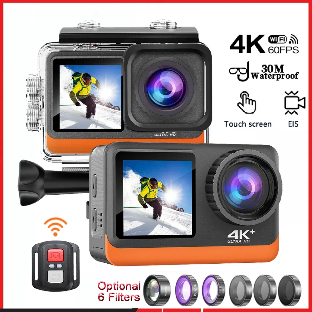 カメラ2 "タッチIPSデュアルスクリーンアクションカメラ4K60FPS 24MP WIFI 170D EISオプションフィルター1080p WebCam Go Sport Pro水中30mカム