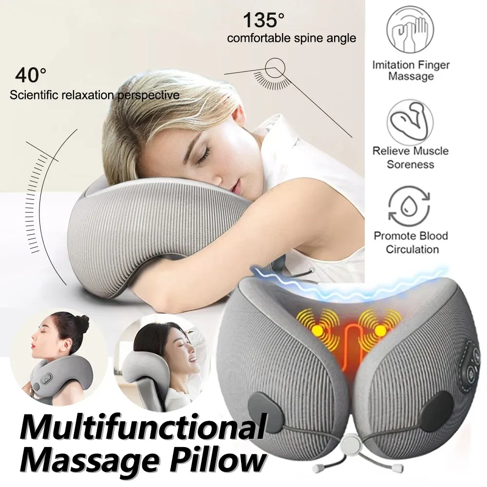 マッサージャーu形状のメモリフォームネック枕加熱振動首マッサージ旅行首枕眠っている飛行機枕頸部医療