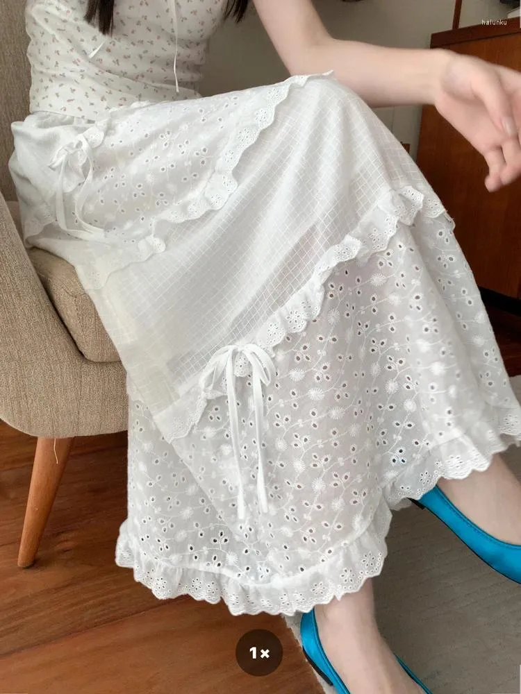 Юбки Женщины длинные сказочные пирожные лето 2024 Корейский стиль высокий эластичный талия галстук белая юбка с линией (x3307
