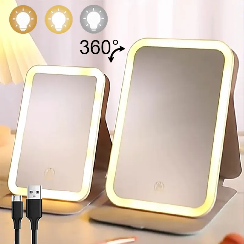 Espejos Mirror LED plegable portátil Cosente de 360 dormitorios Desk Mirrors Mirroras de maquillaje de mujeres Miroir con luces