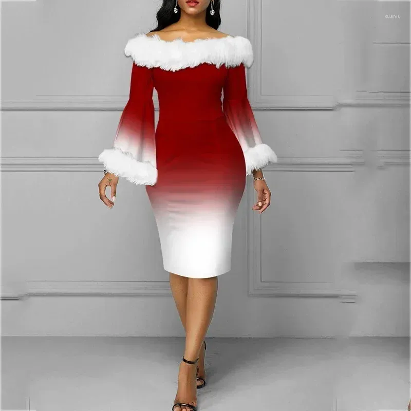 Lässige Kleider Weihnachten Schneeflocken gedruckt Kleid Frauen Kleidung langärmelige runde Hals Weihnachtsfeier Party Bodycon Elegant Mini