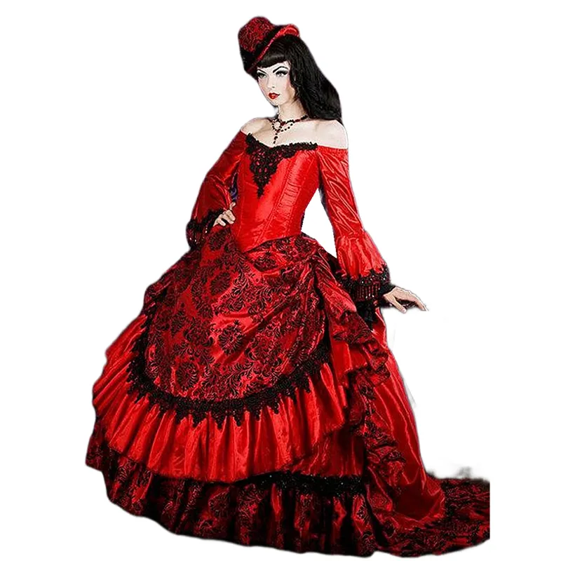 Victorian Gothic Black Dress Women, Vintage Corset Ball Gown With Long Sleeves And Lace Trim, Elegant Renaissance Cosplay Costume - UK