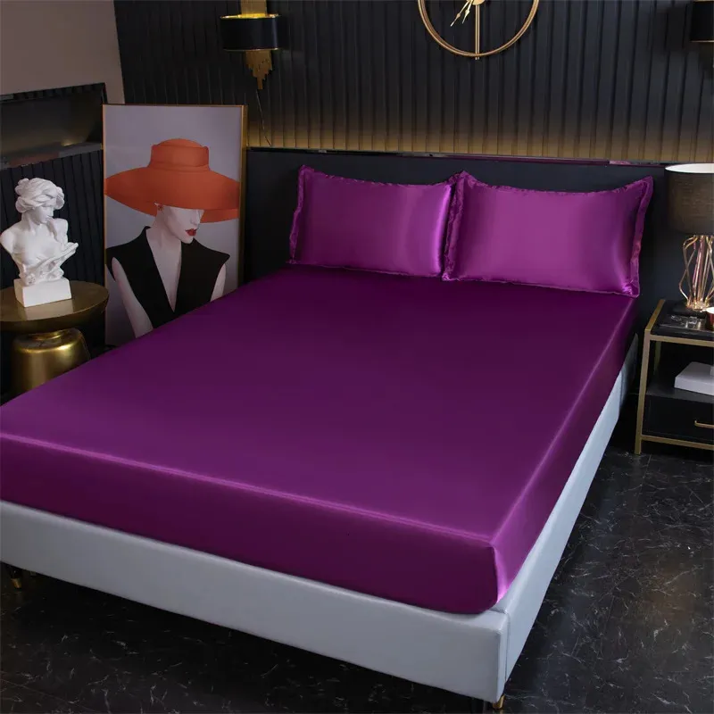 High-End Solid Color Madrass Cover Luxury Satin Fitted Sheet With Elastic Band Bed Sheet 140x190 150x190 Fit ark 240424