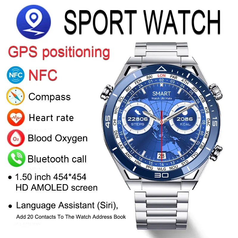 Orologi 2024 NFC Smart Watch Men Bt Chiama Sport GPS Track Compass Watches 454*454 HD AMOLED Schermate ECG Smartwatch ECG per Android