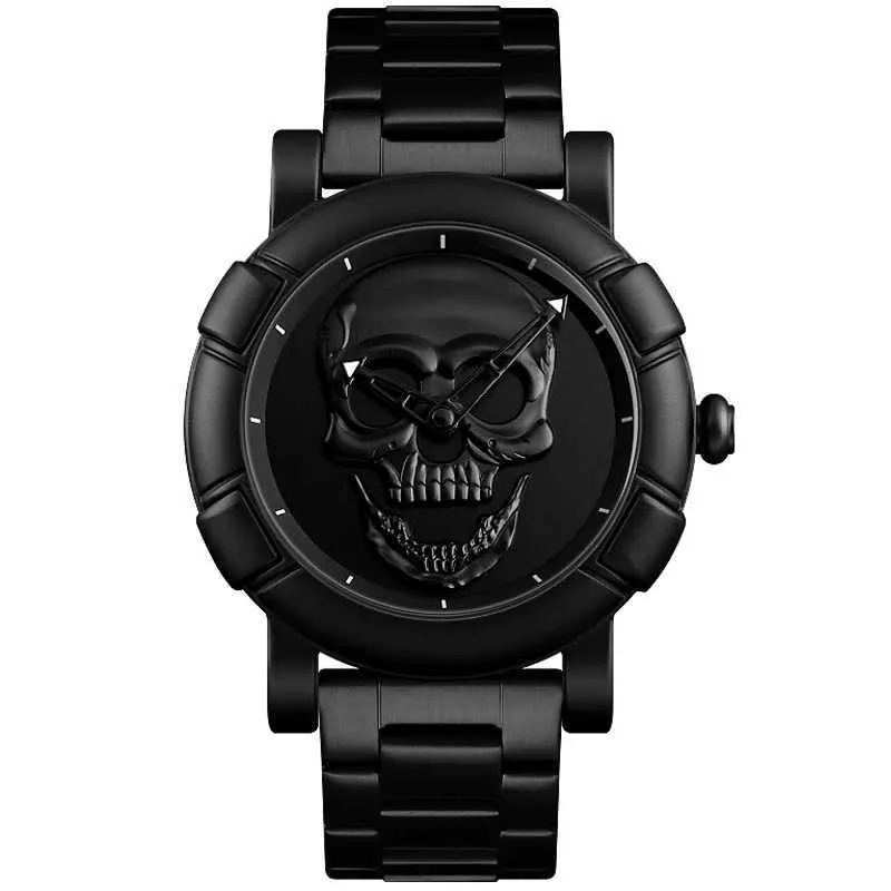 Wristwatches Black Gold Dial Quartz Watch Men 3D Skull Head Pattern Stainless Steel Steampunk Rock Engraved Cool Mexico Man Male Reloj Hombre 240423
