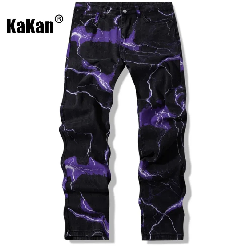 Kakan - Lightning geprinte das geverfde jeans uit Europa en Amerika voor Men Street Trend Losse fitting rechte lengte jeans53 240412