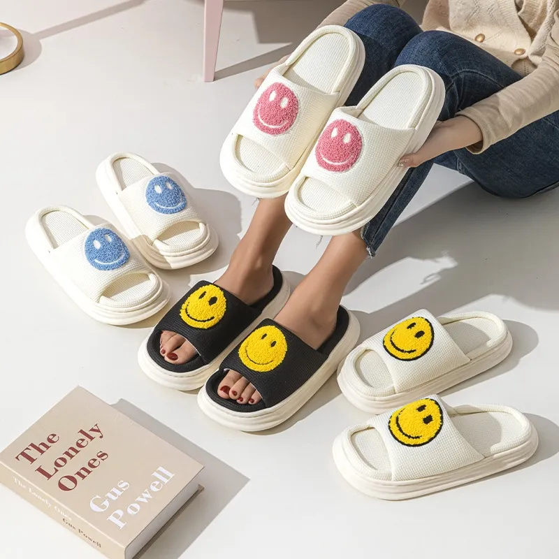 Zomer nieuw glimlachend paar linnen slippers voor binnenhuis gebruiken anti -slip en anti geur mannen en vrouwen zomerse voeten voelen coole slippers