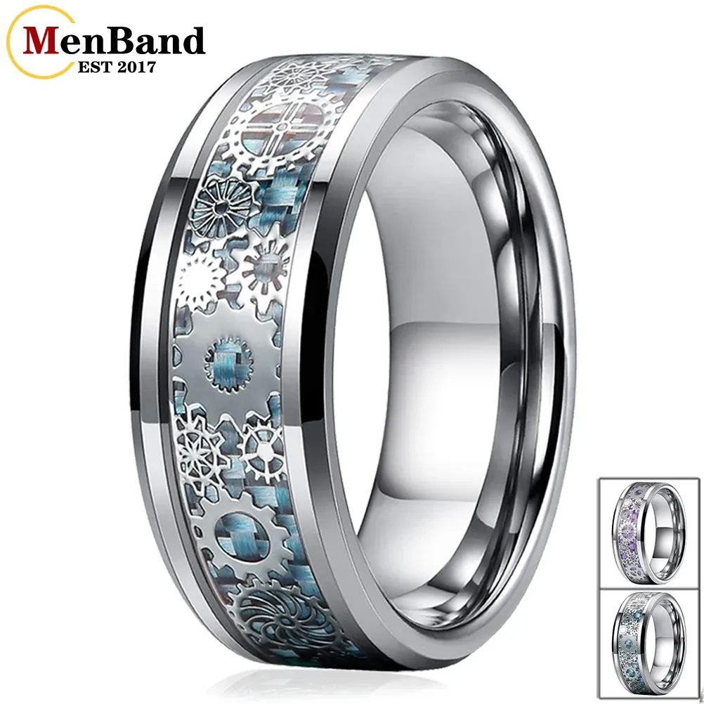 Bands Unique 8mm Tungsten Carbide Rings Wedding Band Gear Wheel Blue Carbon Fiber Inlay Fashion Jewelry Comfort Fit