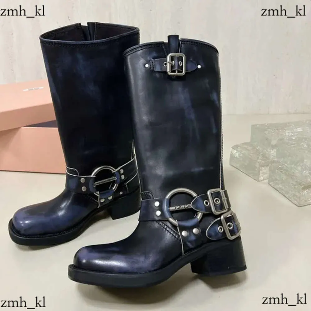 Shoes Boots Harness Belt Buckled Cowhide Leather Biker Knee Chunky Heel Zip Knight Square Toe Ankle Booties Women Luxury Designer Factory 177
