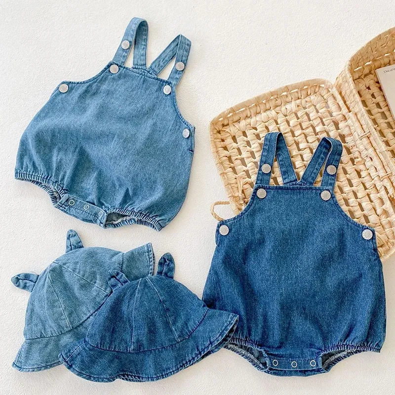 One-pièces printemps d'été Nouveaux vêtements pour bébés filles et bébé garçon fille denim Suspender Romper + chapeau 02 ans