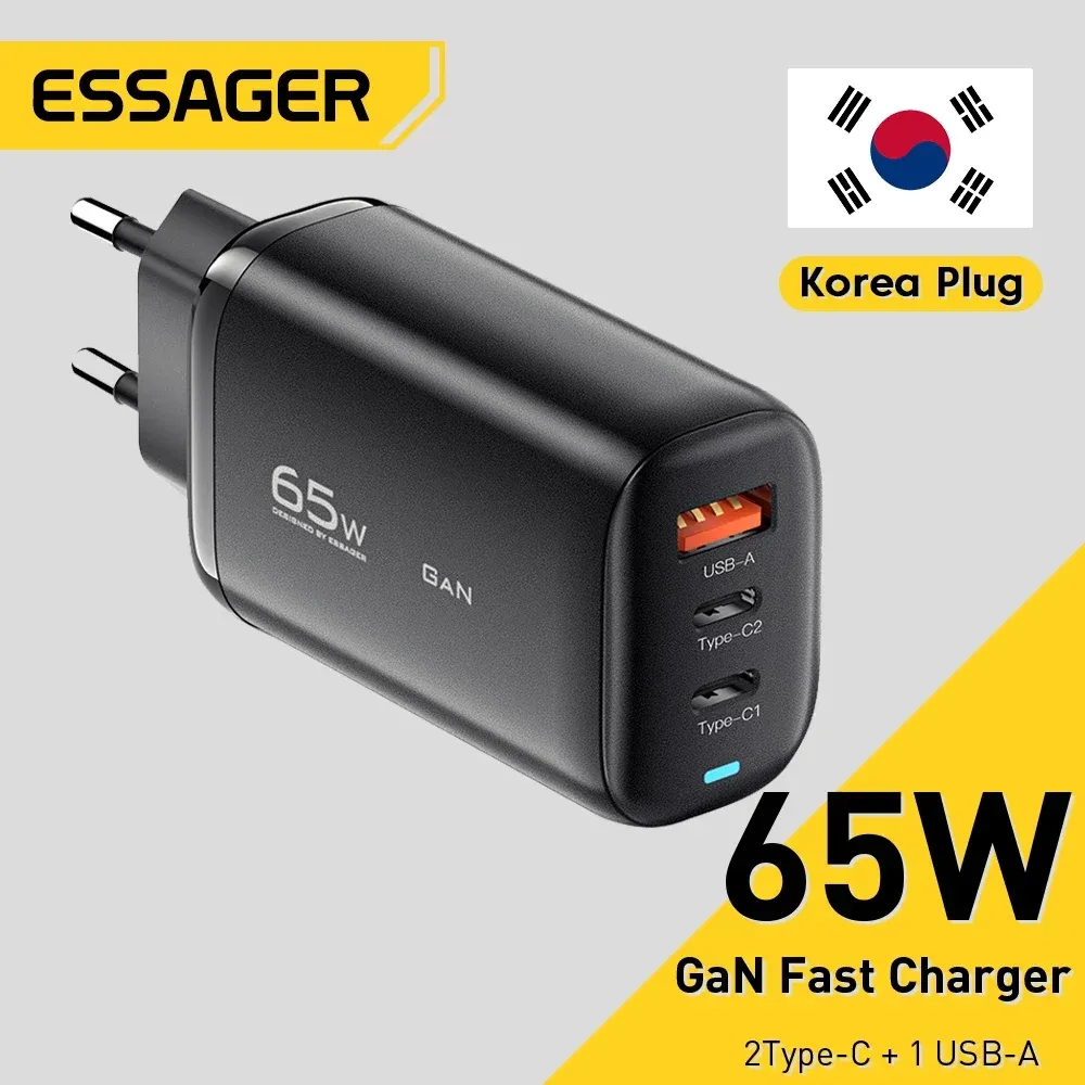 Chargers Essager 65W Korea Plug USB Type C Gan Зарядное устройство для ноутбука PD Fast заряжается для iPhone 14 13 12 Pro MacBook Samsung Adapter Adapter