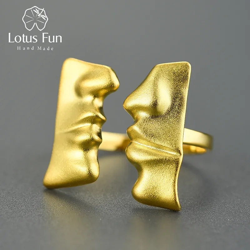 Anneaux Lotus Fun Big Face to Face Kiss Ajustements ajustés pour les femmes Real 925 Bijoux de déclaration de mariage en argent sterling