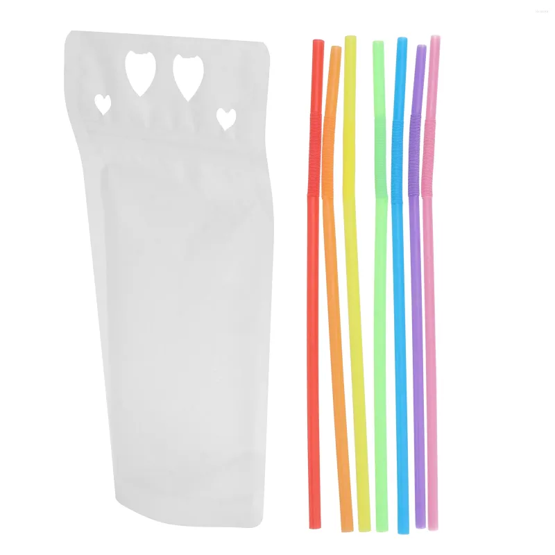 Take Out Containers 50PCS Love Pattern Clear Drink Pouches Bags Heavy Duty Hand-held Translucent Reclosable Zipper Stand-up Plastic