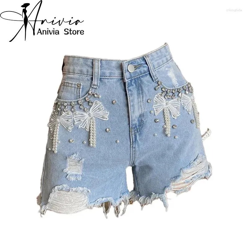 Frauen Shorts Frauen zerrissen Jeans Vintage Y2K Harajuku Diamonds Perlen Bogen Mini Denim 90er Cowboy Kurzhose 2000er Kleidung Sommer