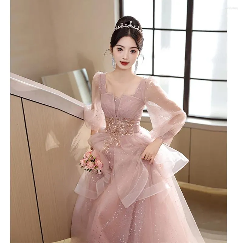 Party Dresses Shiny Pink Tulle Evening Elegant Banquet Long Sleeve Engagement Luxury Square Collar Applicques Ball Gown