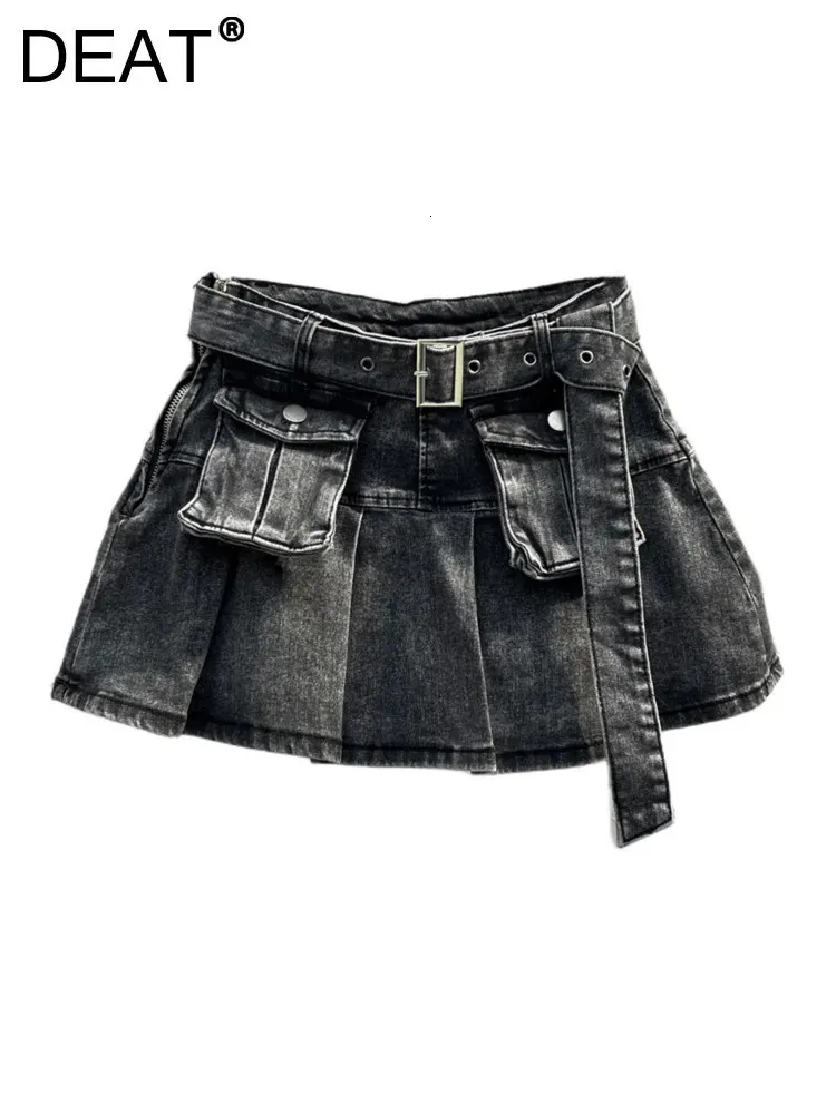 Deat Womens Denim Skirt Belt مع جيوب ثلاثية الأبعاد ألوان صلبة مطوية عتيقة مغسولة مختصرة Mini Mini Mini Skirt 2024 Summer Fashion 240415