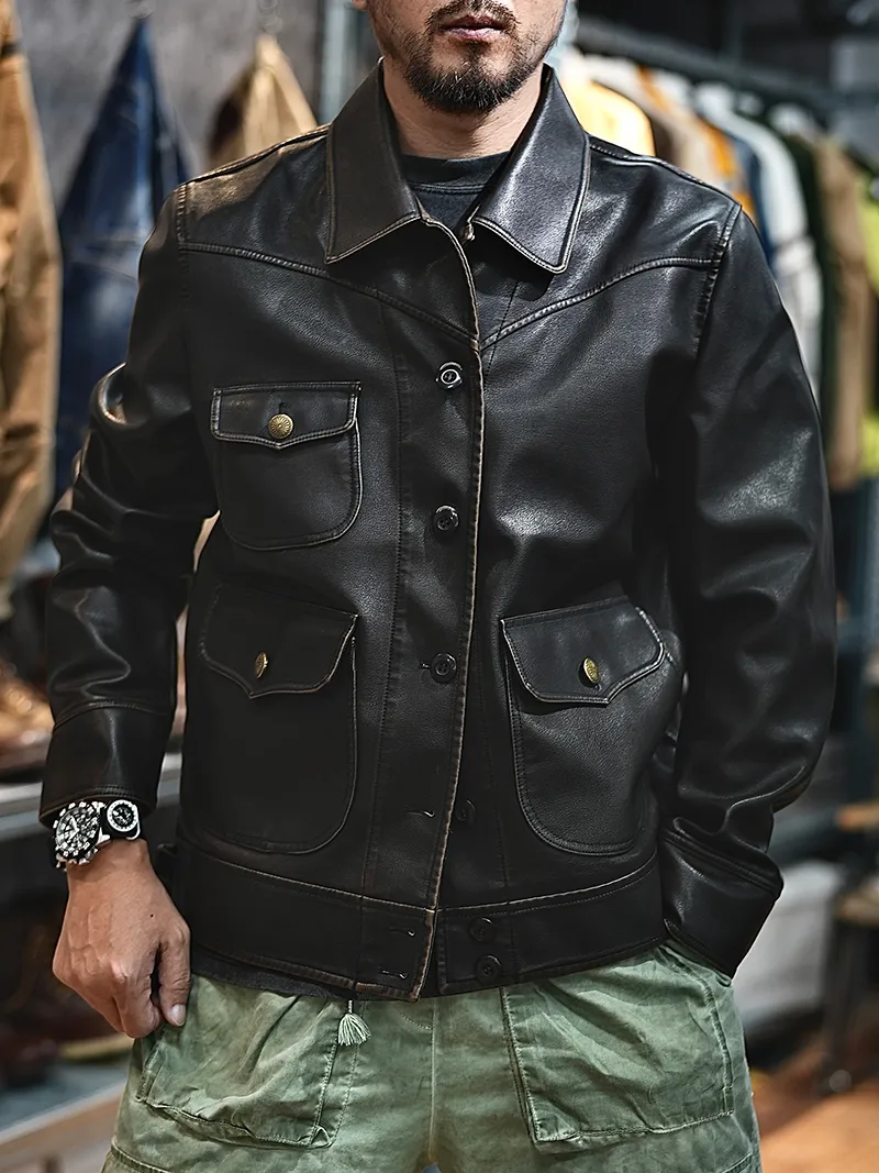 American Retro Mens Leather Jacket Loose Fit From Wangclothes1