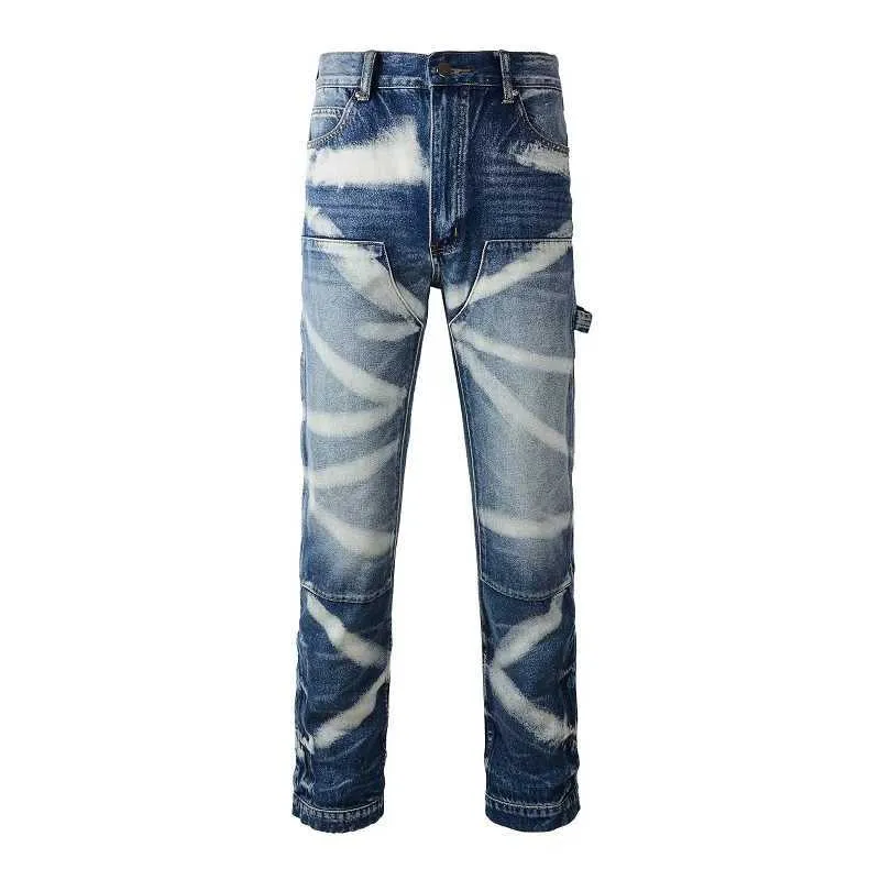 Mäns jeans A1327 Tvättade och vitade timmerjackmodell Vintage Work Pants Spliced ​​Jeans Multi Mouth Practical Straight Mens Casual Pants 240423