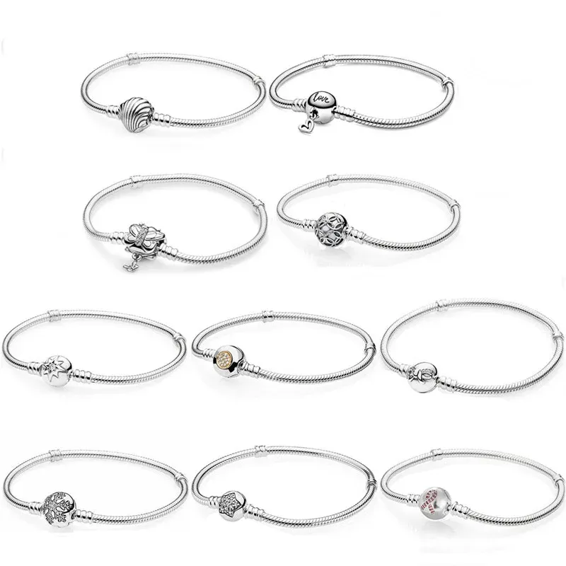 Strands 100% 925 Sterling Silver Moments Seashell Freehand Heart Butterfly Clasp Snake Bracelet Fit Fashion Bead Charm Trendy Jewelry