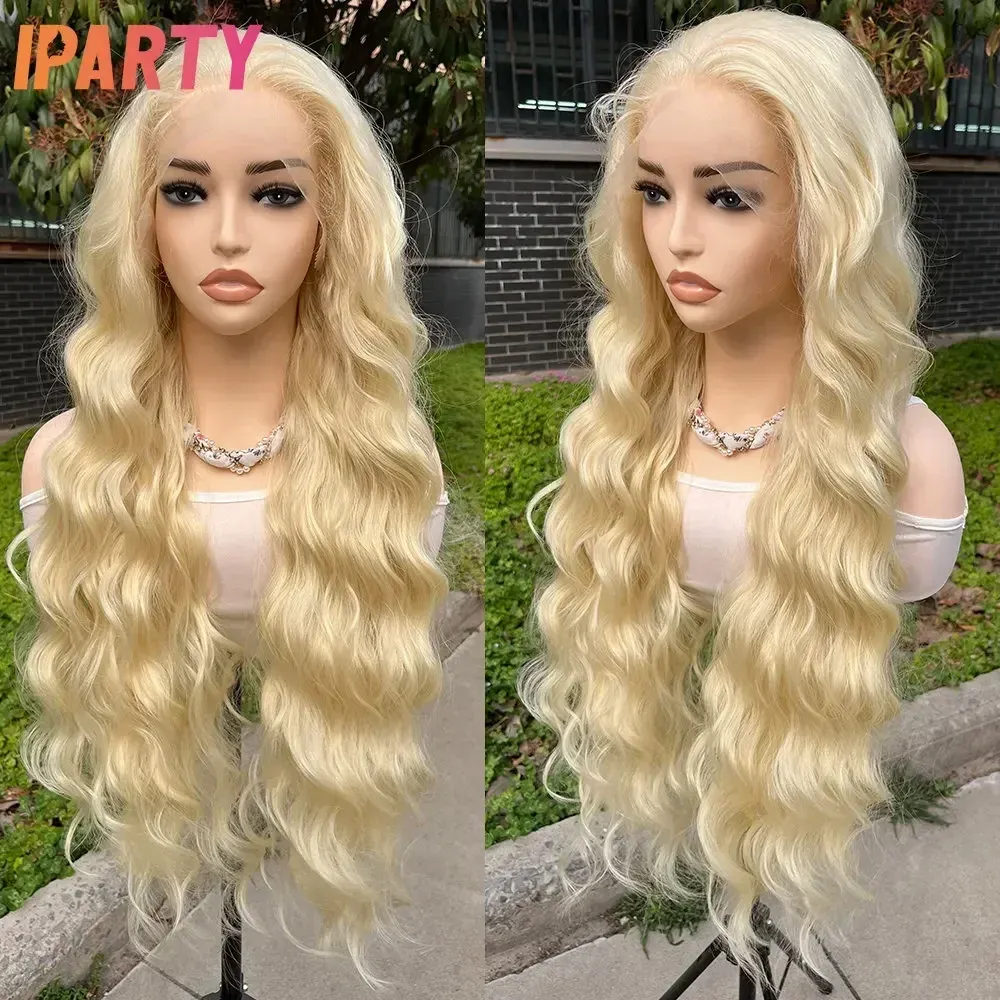 Wigs iParty 13x4 Blonde Color Synthetic Lace Front Wig com cabelos de bebê pré -arrancados 32 polegadas de longa peruca de onda boby para mulheres negras diariamente