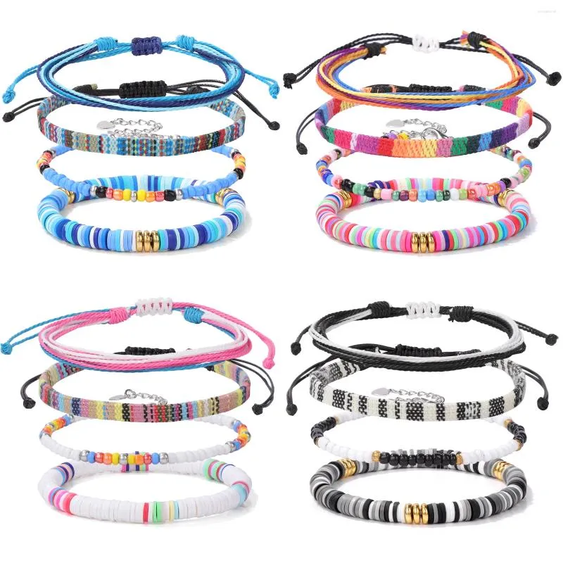 Strand Bohemia 4pcs/set Colorful Cotton Bracelet Polymer Clay Seeds Beads Wristbands For Women Men Summer Beach Jewelry