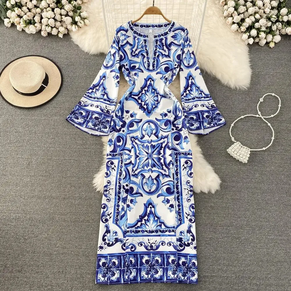 Summer Runway Blue and White Porslin Long Dress Women Oneck Flare Sleeve Floral Print Bohemian Side Split Loose Robe Vestidos 240422