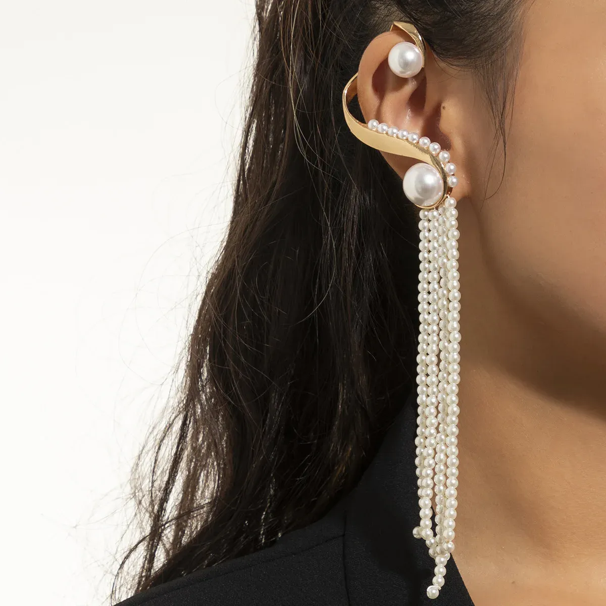 Kolczyki Diezi One Piece Korean Długie Kolczyki Dziewczyny No Ear Reting Pełna perła Big Clip Kolczyki dla kobiet prezent biżuterii