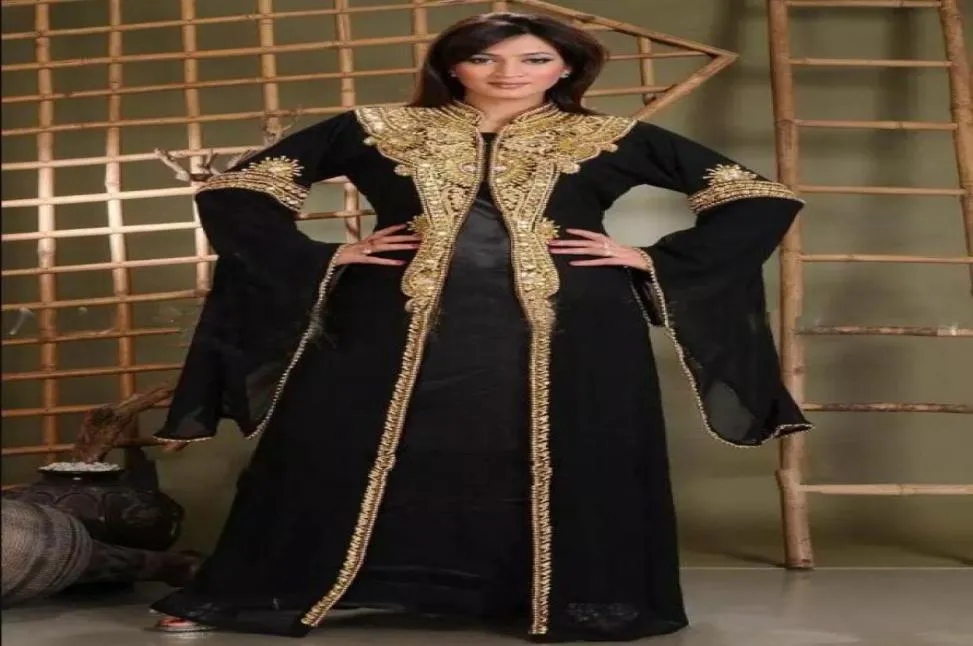 2019 Dubai Kaftan Abendkleider mit goldenen Perlen Langarm Chiffon Abaya Black Prom Formal -Kleider3386442